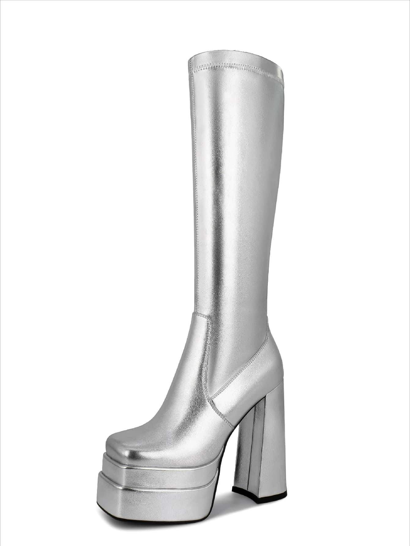 WETKISS Stacked Platform Knee High Boots For Women With High Chunky Heel, Gogo Boots For Women With Square Toe Side Zipper Stretch Boot