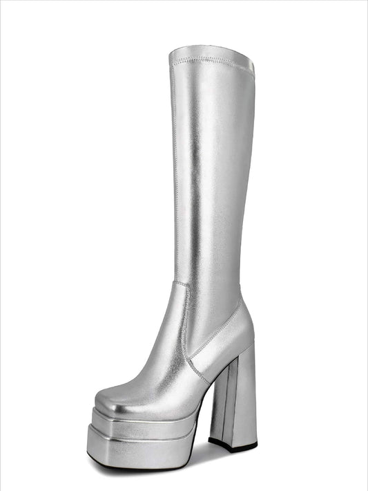 WETKISS Stacked Platform Knee High Boots For Women With High Chunky Heel, Gogo Boots For Women With Square Toe Side Zipper Stretch Boot