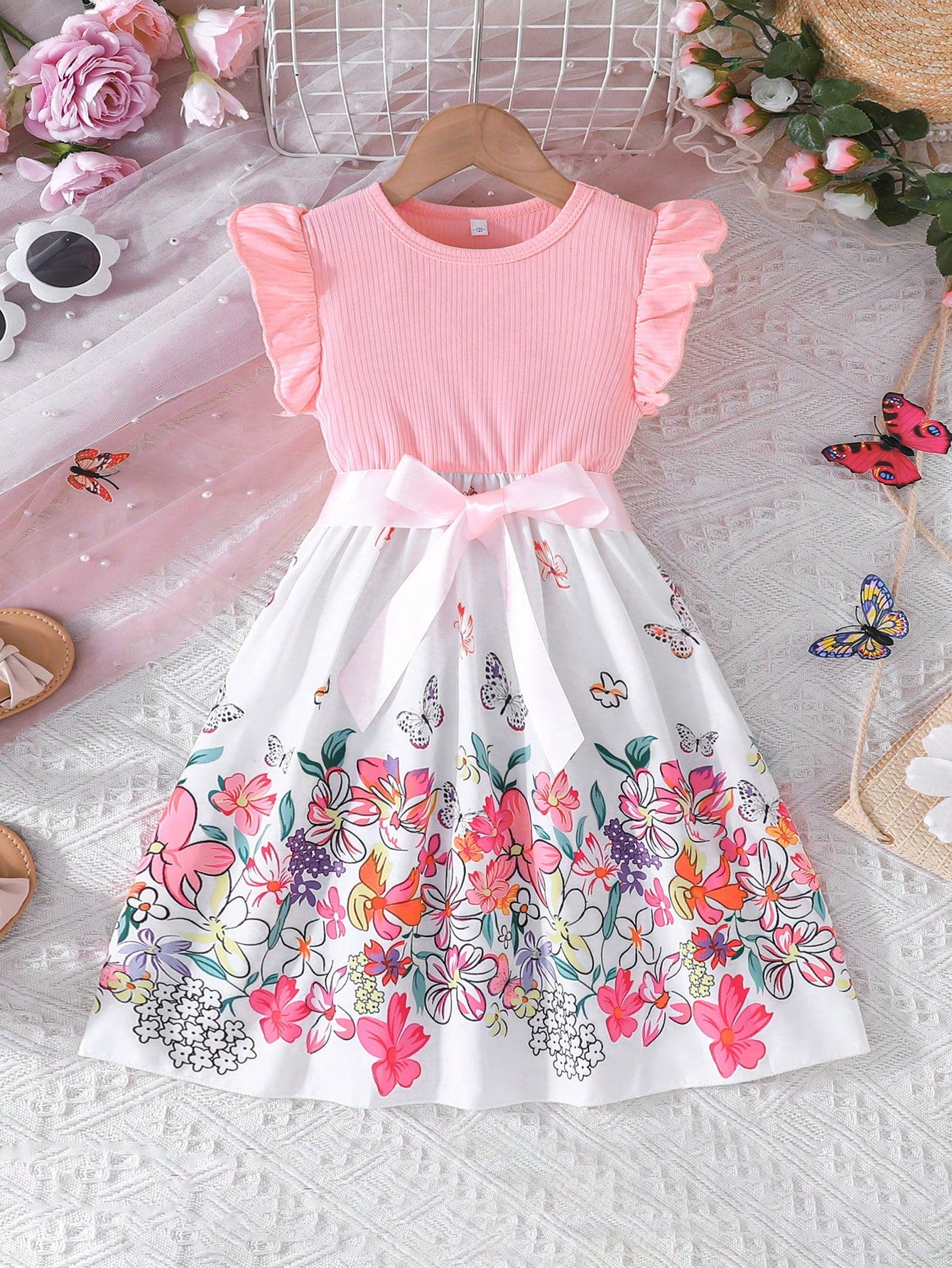 Young Girl Elegant Summer New Arrival Butterfly & Floral Pattern Printed Short Sleeve Round Neck Dress