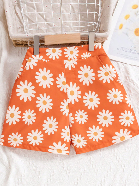 Tween Girl Daisy Print Shorts, Sweet Country Style, High Waisted, Loose Fit, Breathable And Comfortable