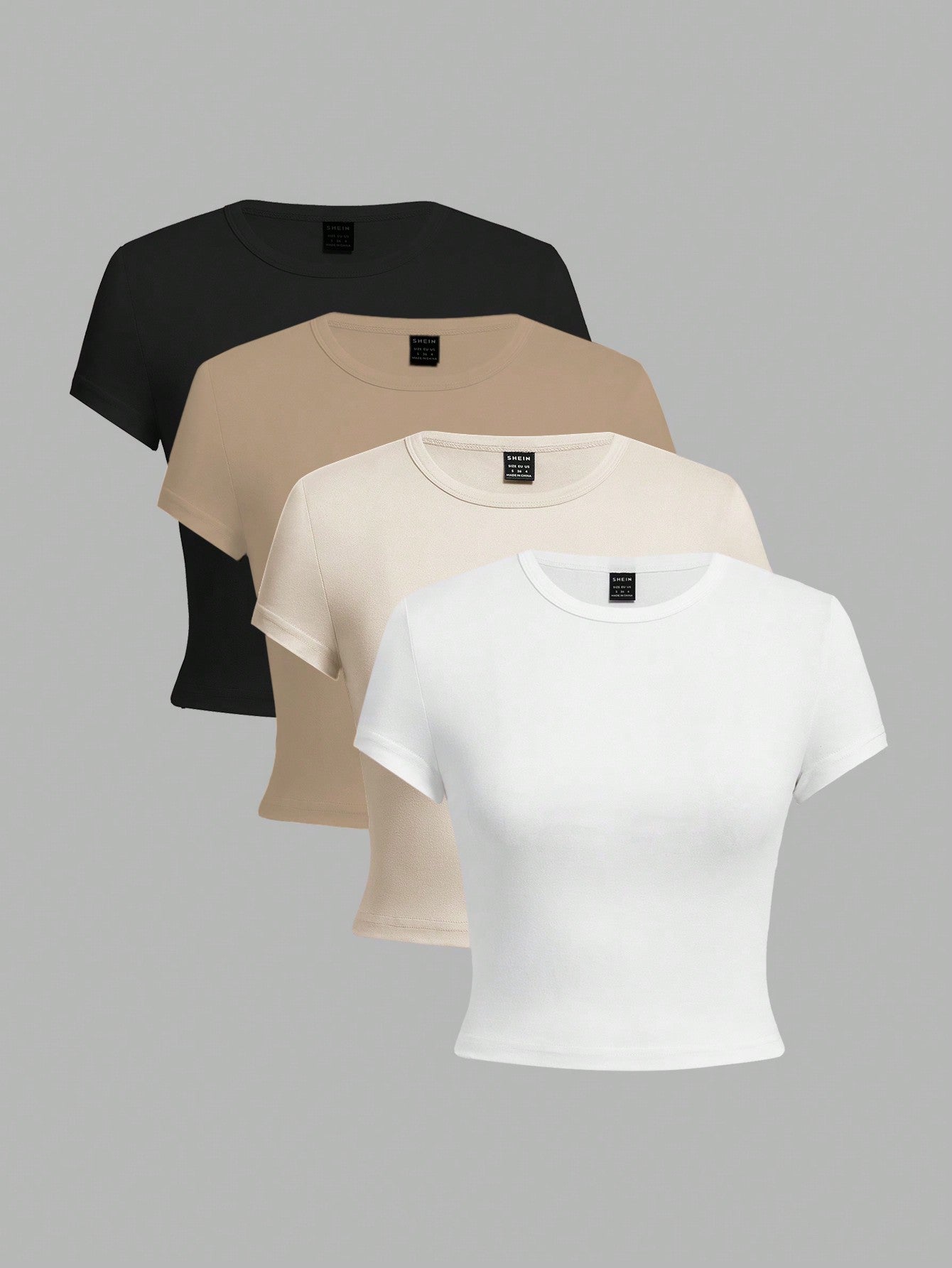 4pcs/Set Casual Round Neck Crop Sleeve Crop Lady's T-Shirt For Summer, Slim Fit