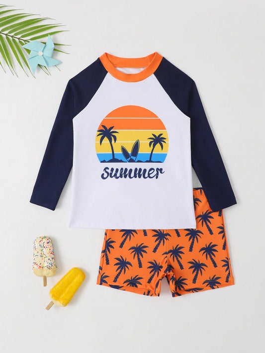 Young Boys' Color Block Print Top, Coconut Tree Print Shorts,Swimsuit Set, Two Piece Swimwear