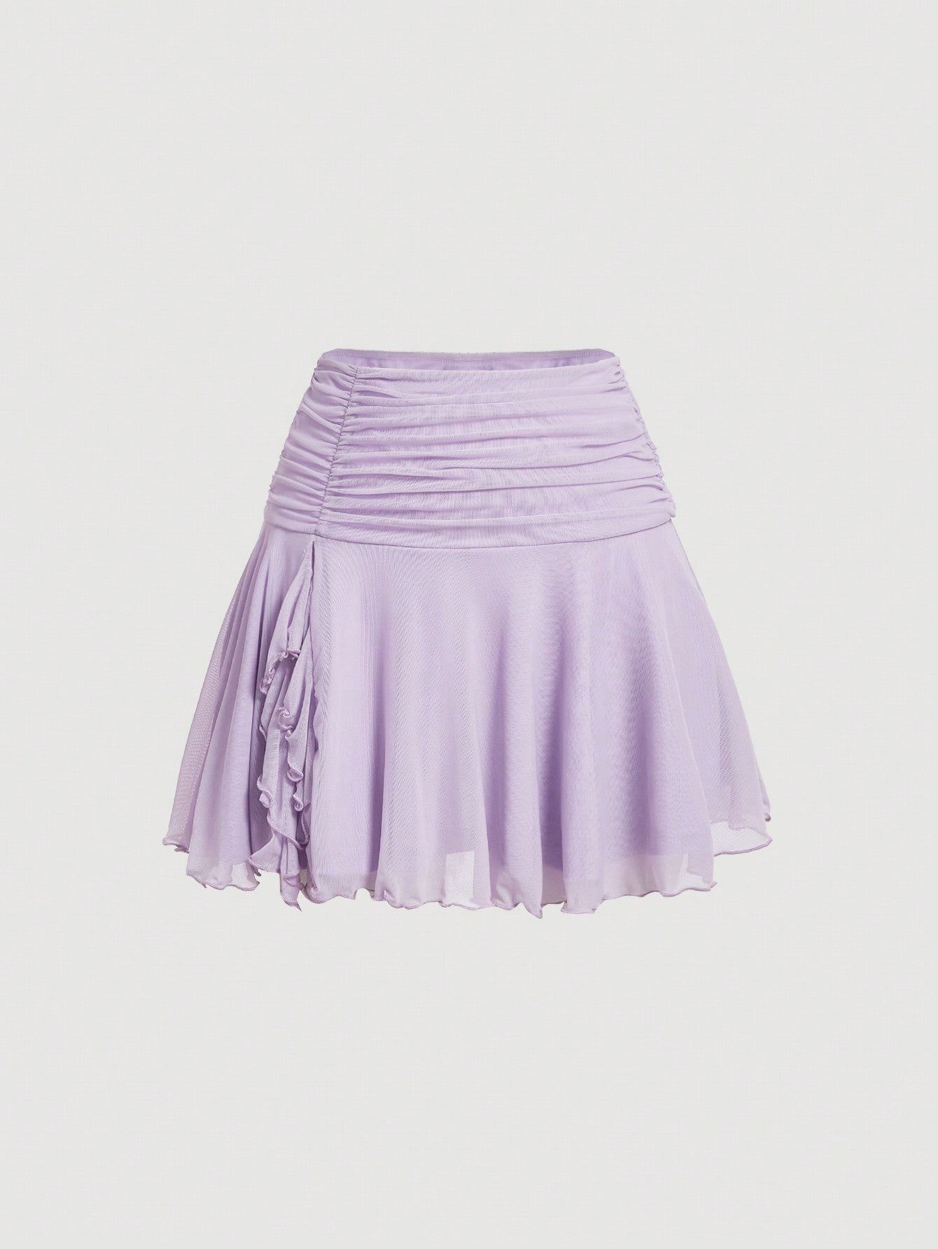 Drawstring Ruched Ruffle Hem Chiffon White Short Skirt