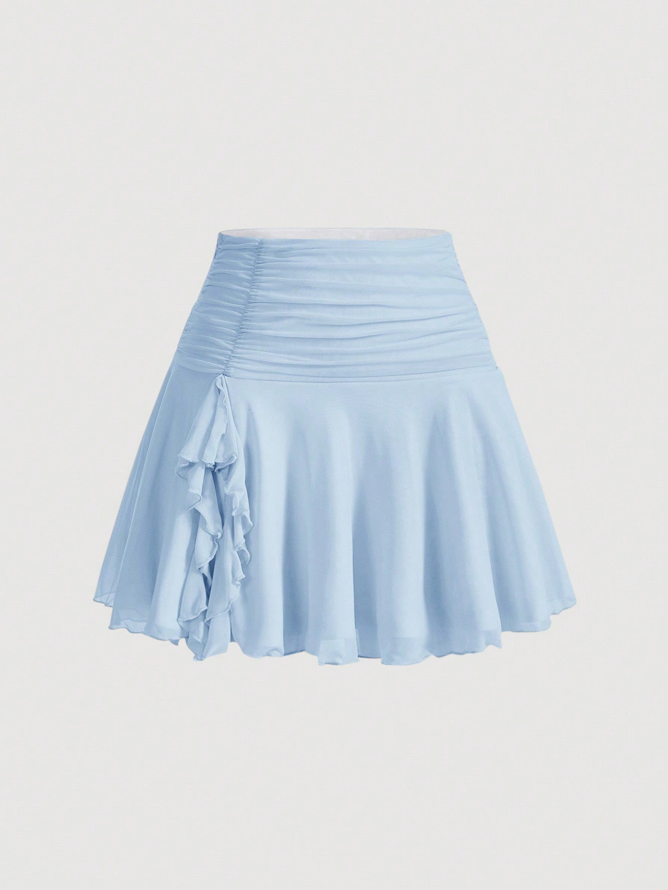 Drawstring Ruched Ruffle Hem Chiffon White Short Skirt