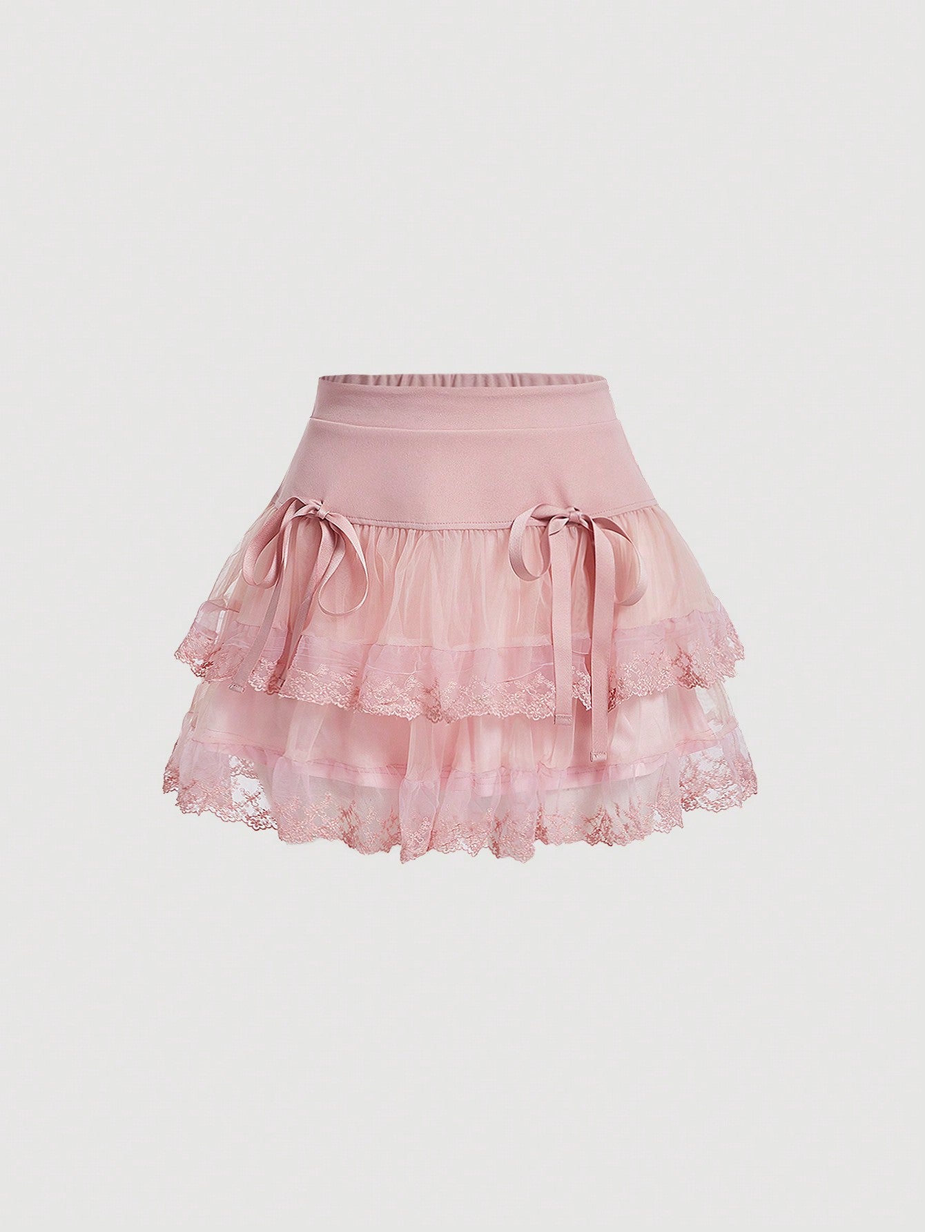 Contrast Embroidery Mesh Tie Front Layer Hem Skirt