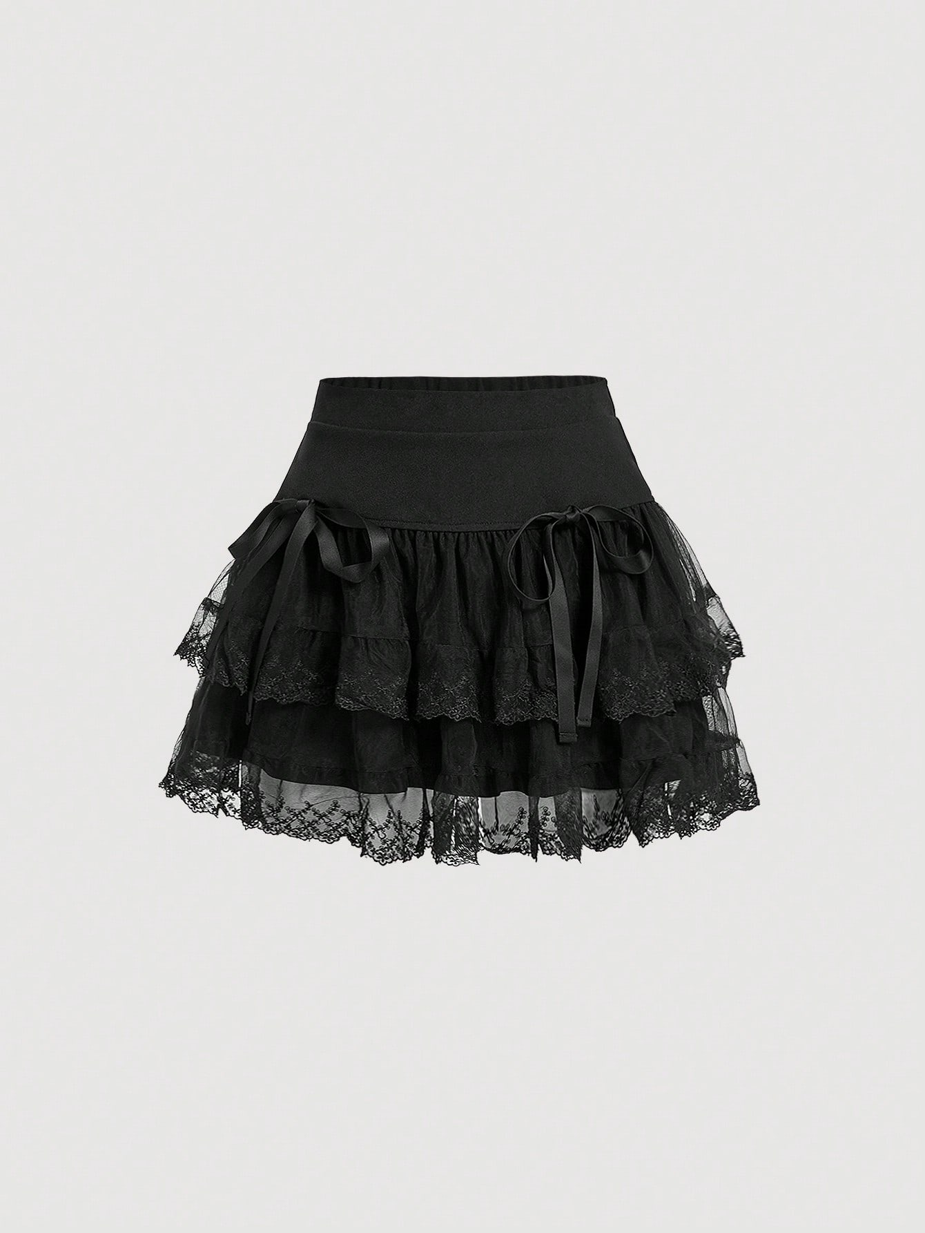 Contrast Embroidery Mesh Tie Front Layer Hem Skirt