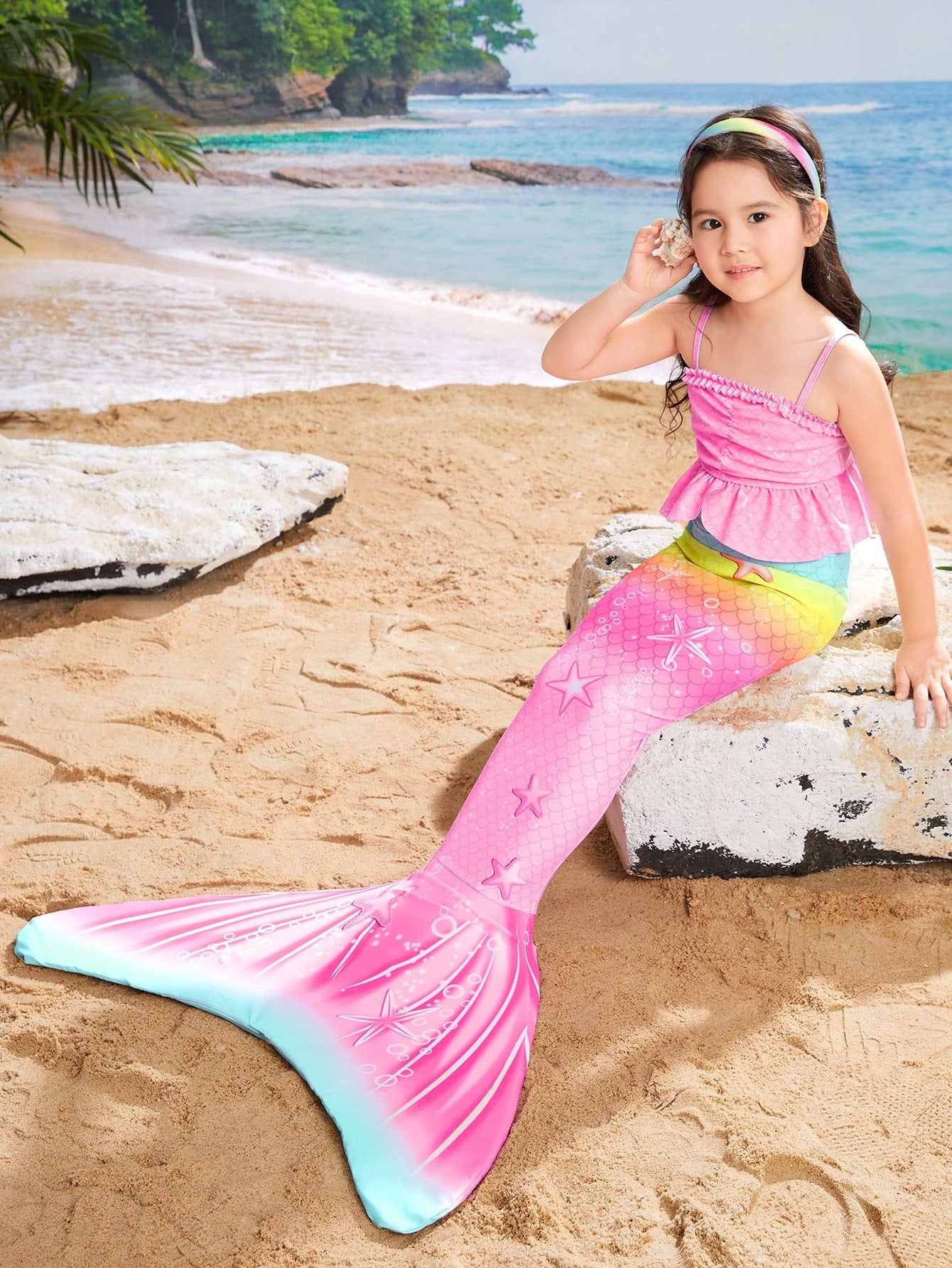 Young Girls' 3pcs Mermaid Tail Swimwear Set With Fish Scale Print