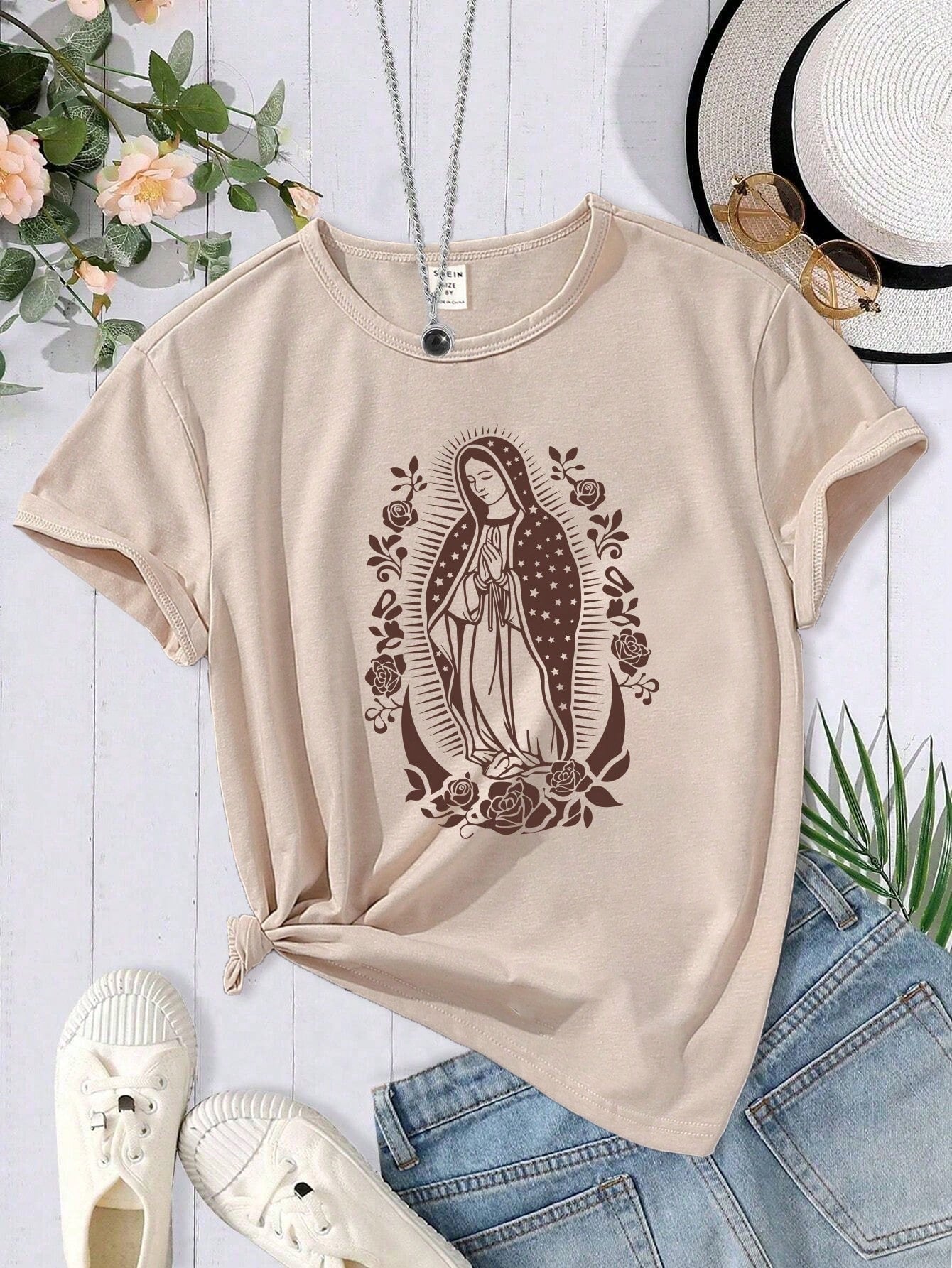 Tween Girl Casual Virgin Mary Pattern Printed Short Sleeve T-Shirt, Family Matching Outfits Mommy And Me (4pcs Sold Separately)