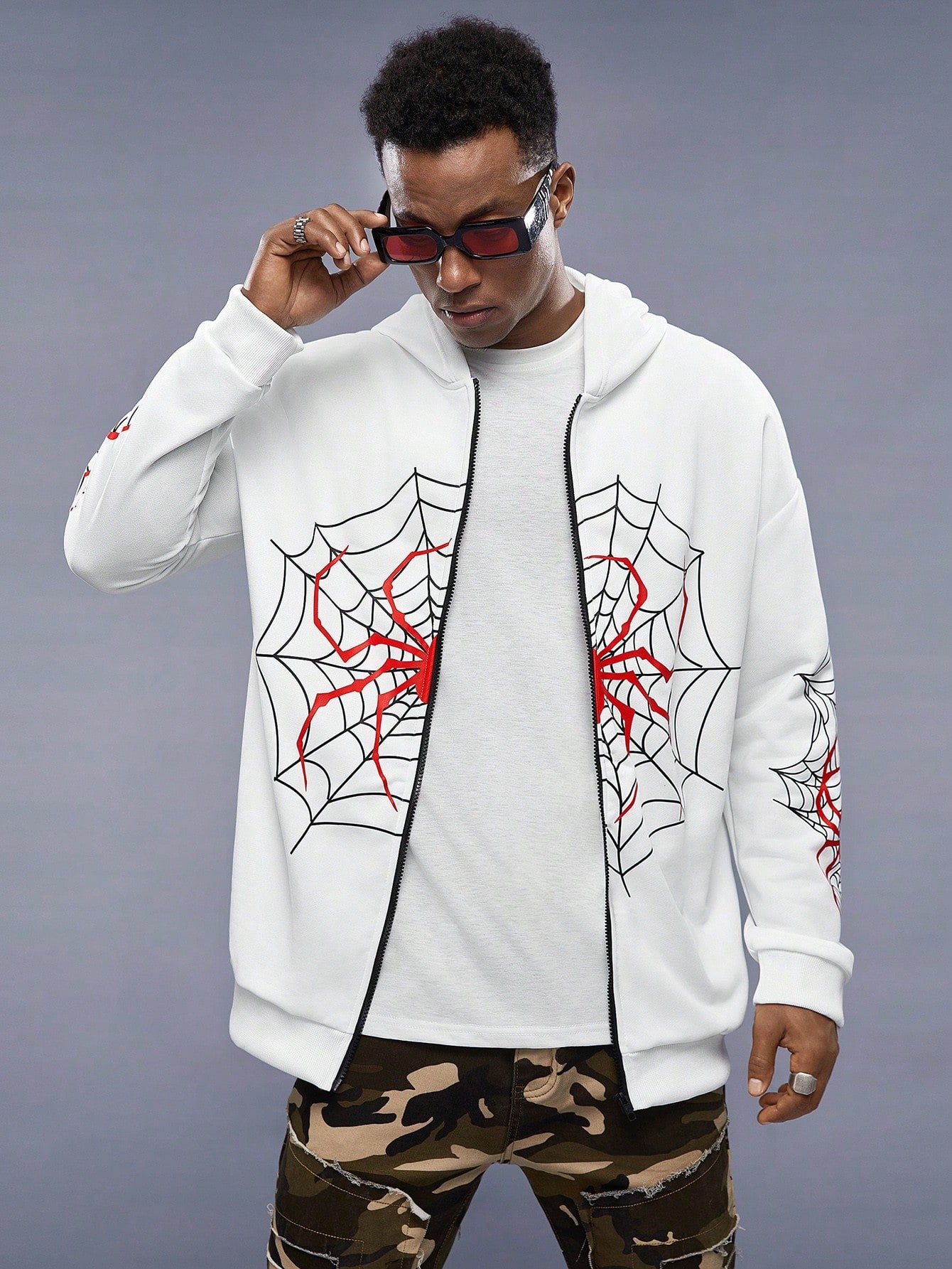 Loose-Fit Men's Spider Web Print Zip-Up Hoodie Without T-Shirt