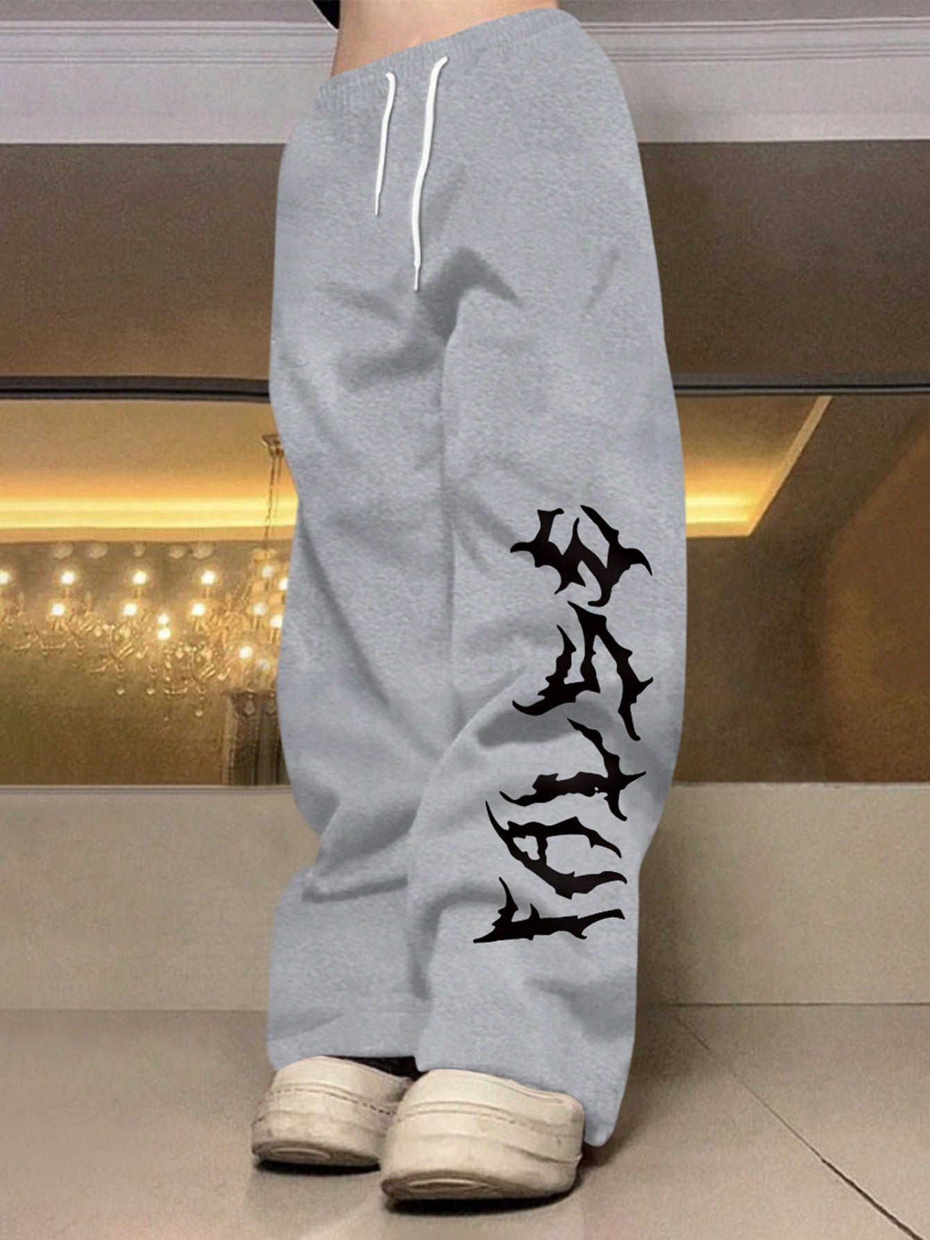 Loose Fit Men's Drawstring Waist Letter Printed Sweatpants Baggy Long Plain Light Pink Going Out Goth