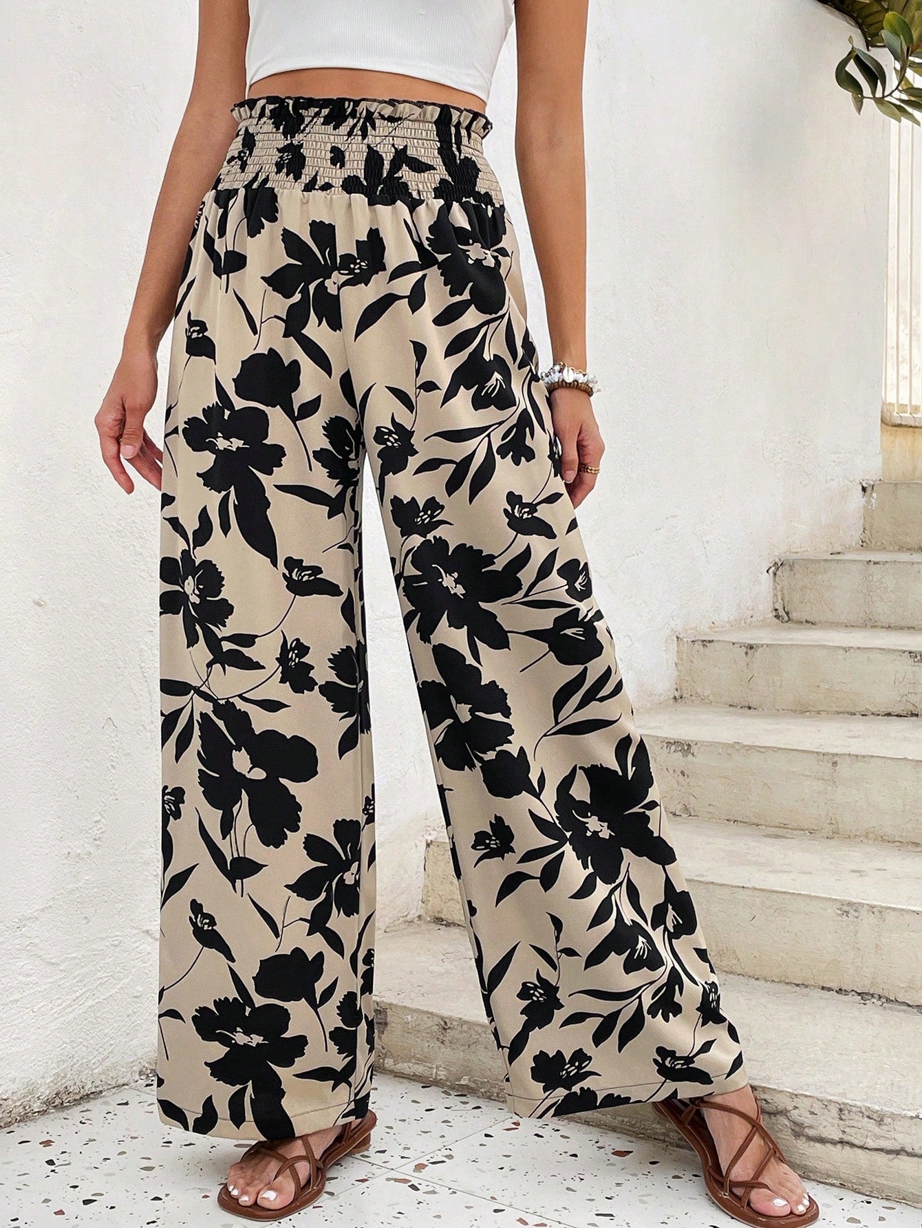 Floral Printed Elastic Waist Wide Leg Pants