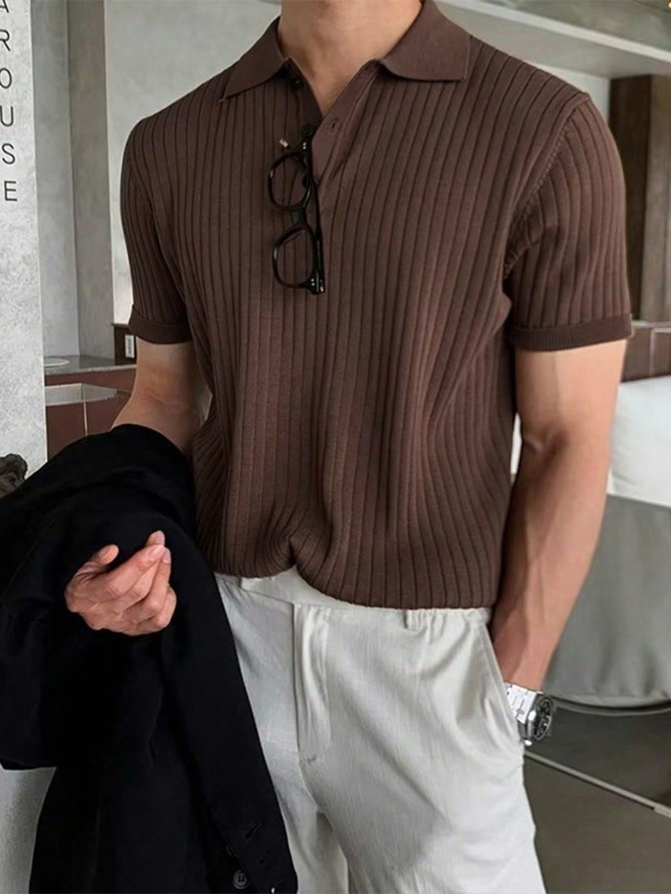 Men Ribbed Knit Polo Shirt