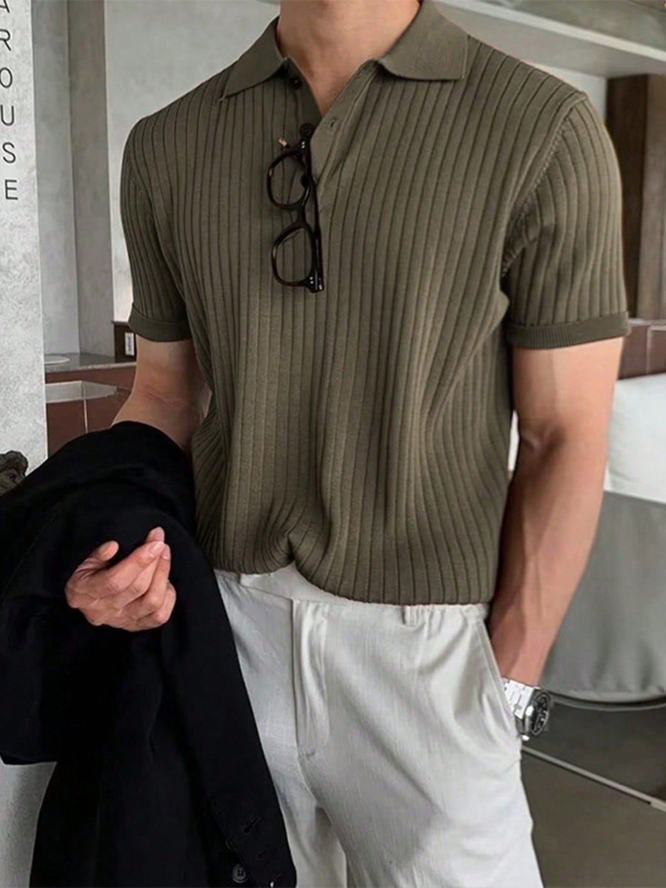 Men's Short Sleeve Ribbed Knit Polo Shirt