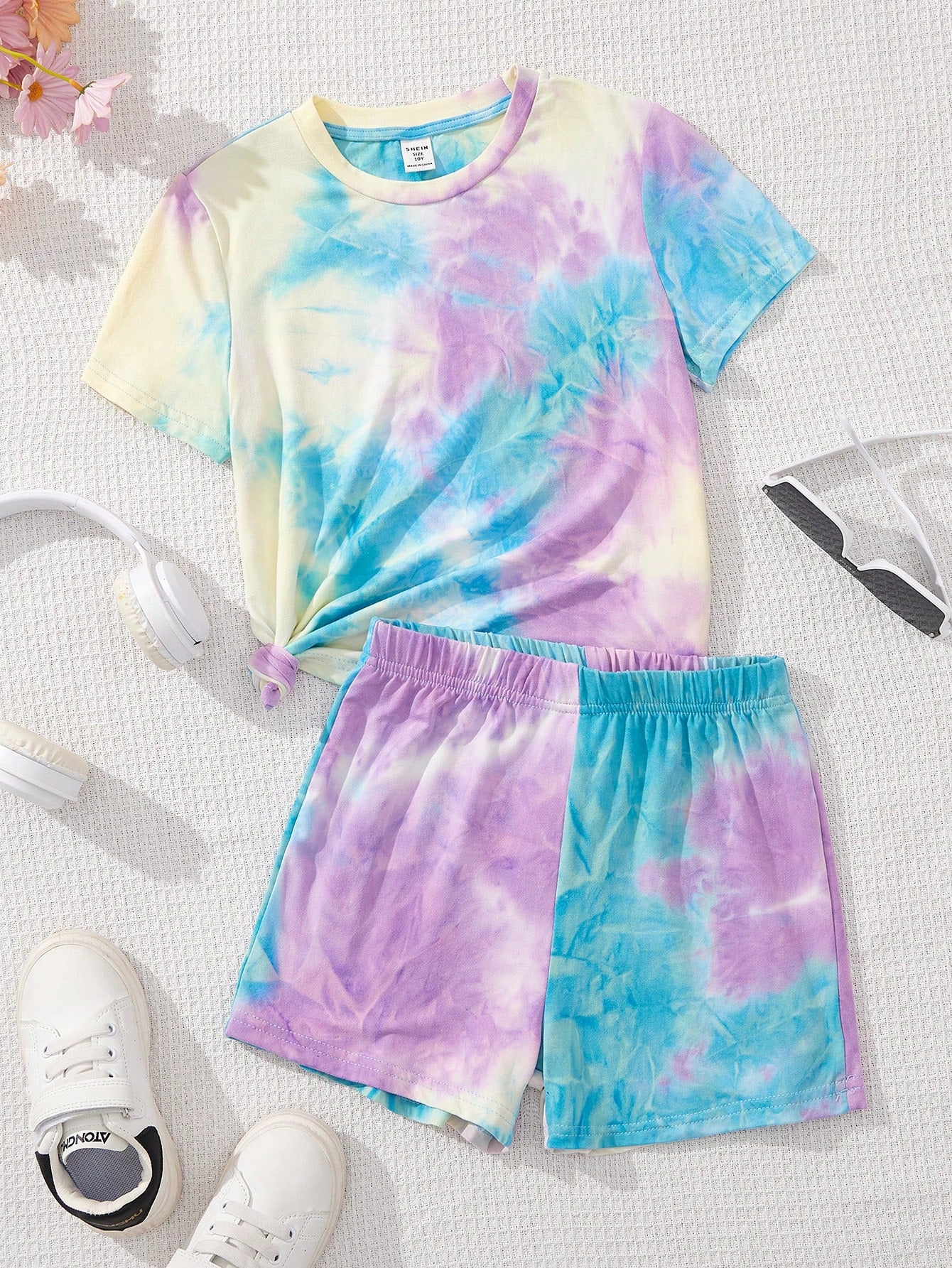 Tween Girl's Casual Tie-Dye Pattern Short Sleeve T-Shirt And Shorts Set For Summer