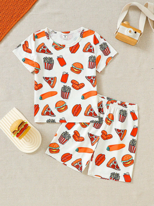 Young Boy's Comfortable 2pcs Food Printed Short Sleeve T-Shirt And Shorts With Hamburger, French Fries, Pizza, , And Carrot Designs, Home Outfits