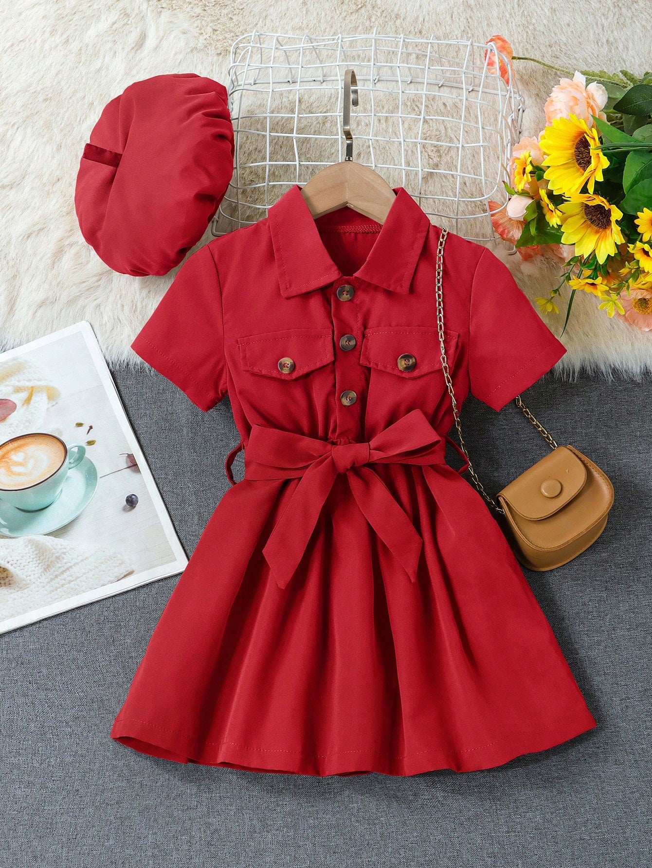 Young Girl Flap Detail Belted Shirt Dress & Accessory Hat Without Bag