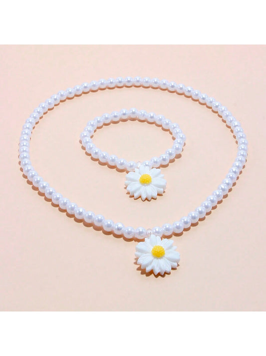 2pcs/Set Adorable Flower Design Pendant Necklace And Beaded Bracelet For Girls, Suitable For Festivals, Parties, And Birthday Gifts