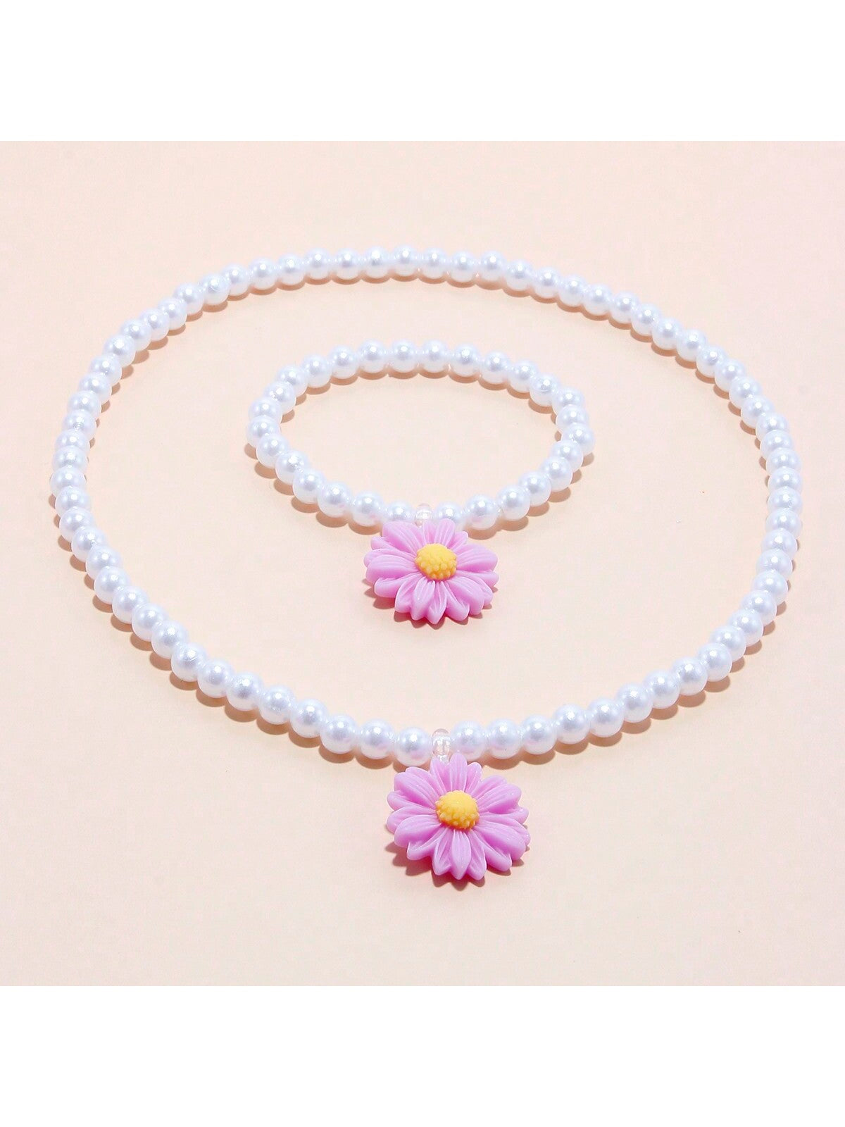 2pcs/Set Adorable Flower Design Pendant Necklace And Beaded Bracelet For Girls, Suitable For Festivals, Parties, And Birthday Gifts