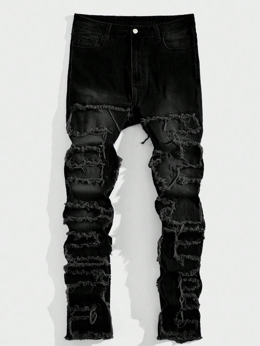 Men's Black Denim Pants With Frayed Hem