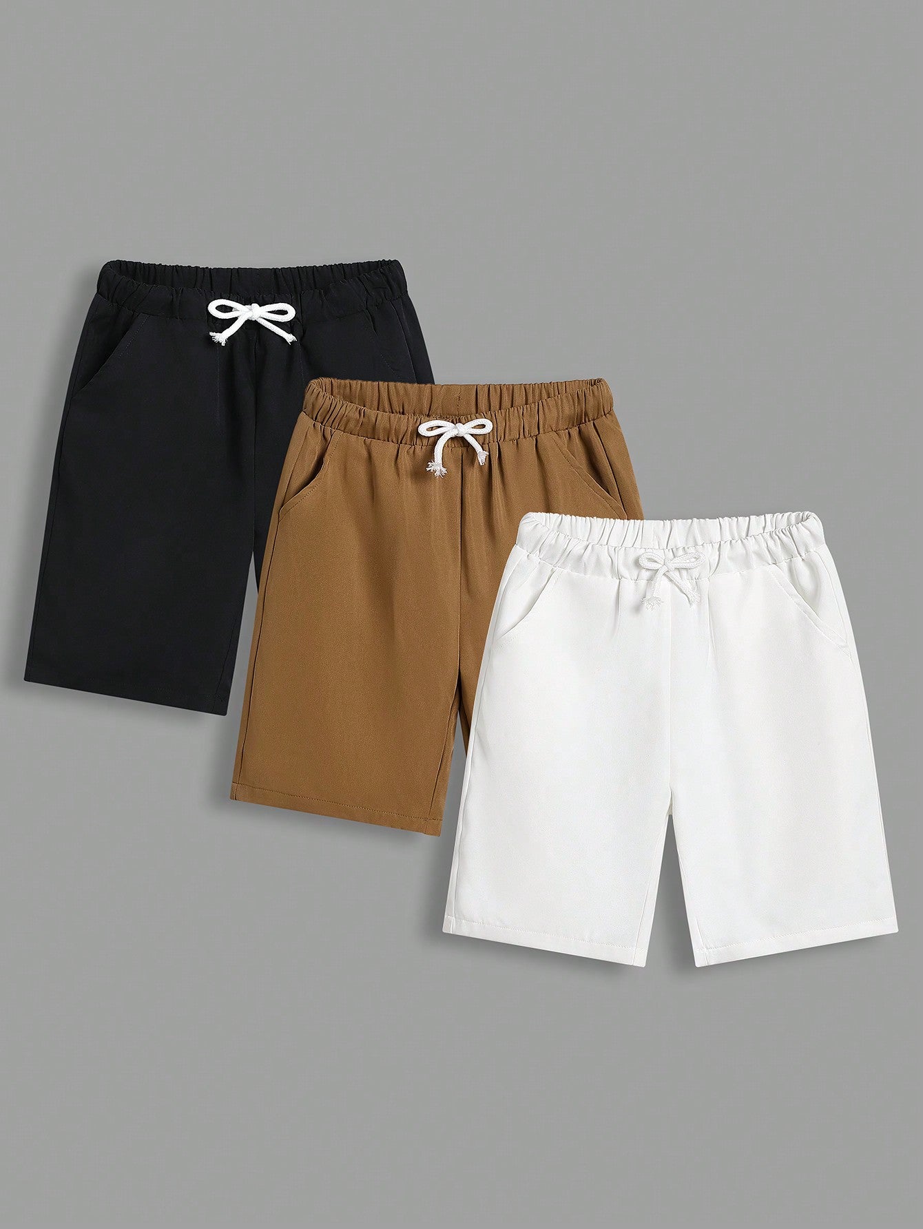 3pcs/Set Tween Boys' Elastic Waist Drawstring Shorts With Slanted Pockets