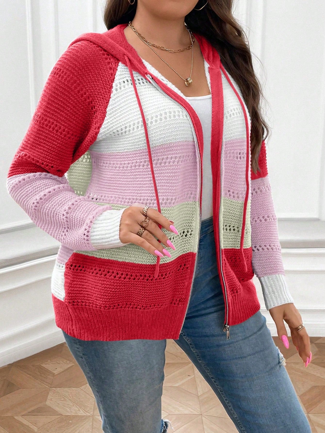 Plus Colorblock Raglan Sleeve Drawstring Hooded Cardigan