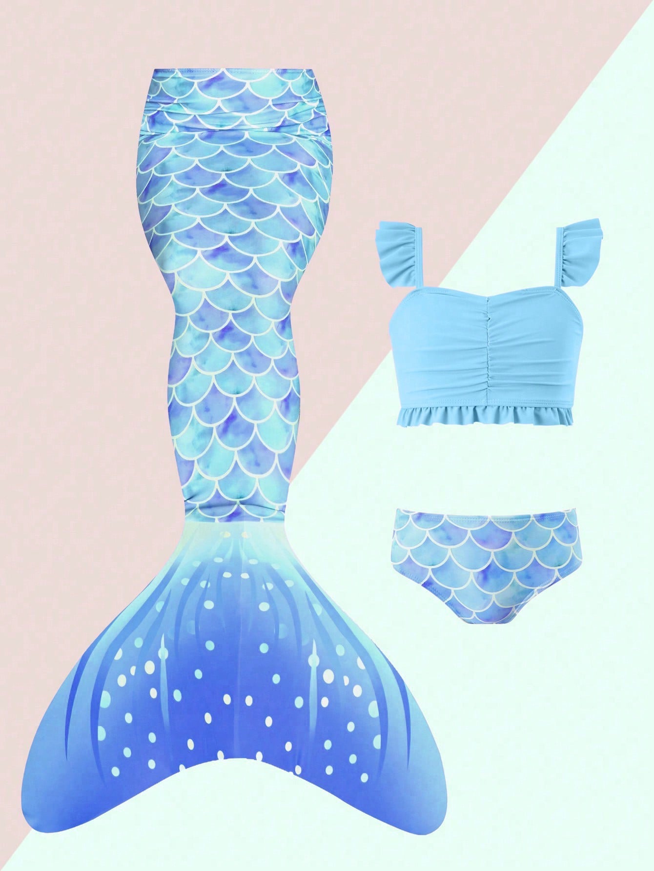 Young Girl Bikini Set With Fish Scale Print, Ruffle Top & Mermaid Tail Design Bottom, Spring/Summer Summer Beach