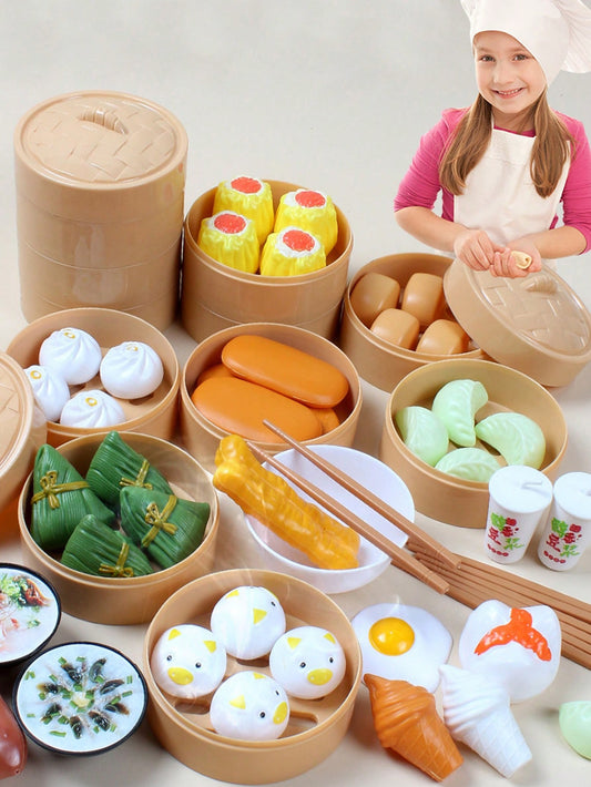 1 Set Of Kids' Chinese Style Breakfast Pretend Play Toys, Including 50pcs Bread, Fried Dough Twist, Rice Dumpling, Dumplings And Other Puzzle Toy Accessories, Color, Size, Package Randomly Sent