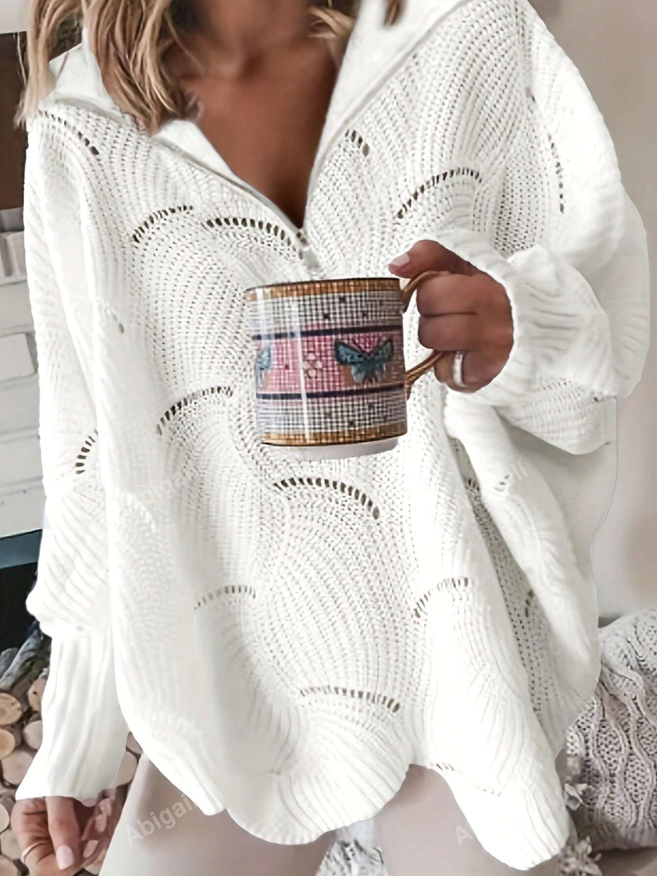 Plus Size Women's Fashionable Hollow Out Warm Knitted Pullover Sweater With Zipper & Half Button Winter