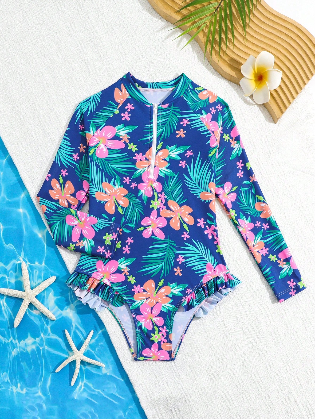 Young Girl Cute Tropical Plant Print One-Piece Swimsuit