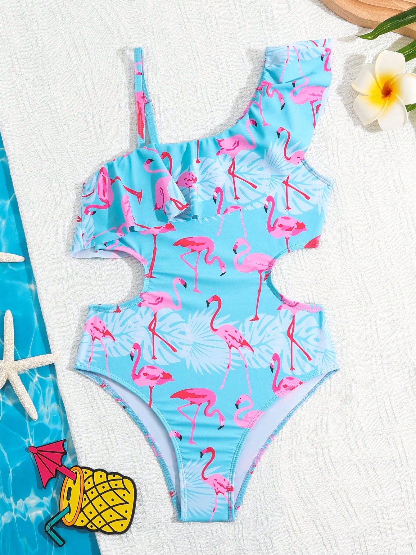 Tween Girl Cute Blue Flamingo One-Piece Swimsuit With Removable Padding And Quick-Drying Fabric