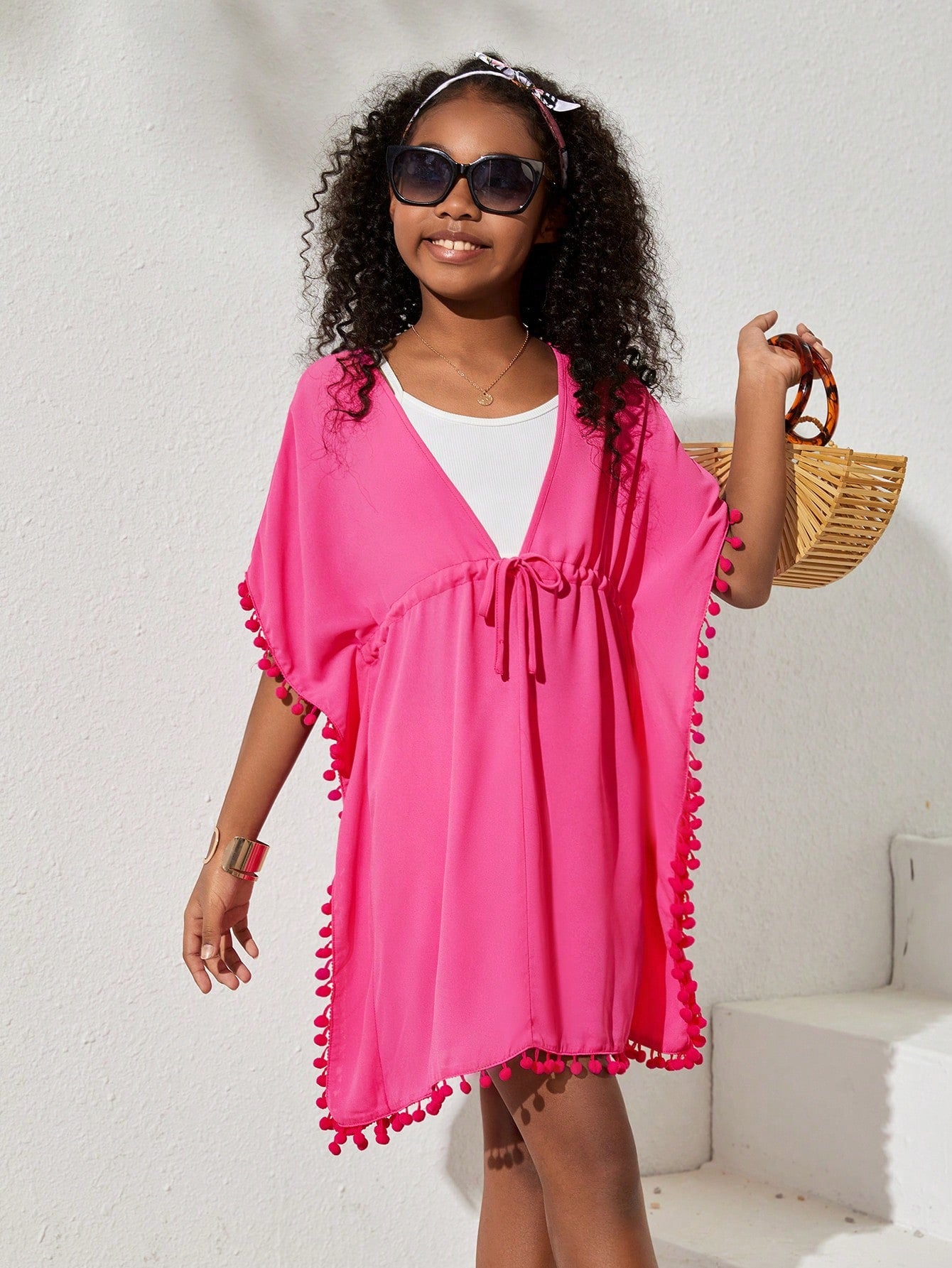 Tween Girl's Casual Spring/Summer Solid Color Woven V-Neck Fringed Short Sleeve Cover Up