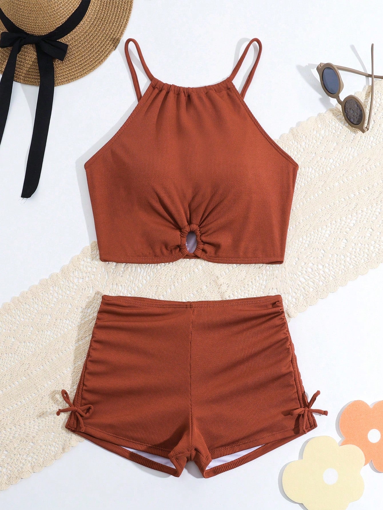 Teen Girl Solid Color Ruffled Bikini Set For Beach Vacation Summer Beach