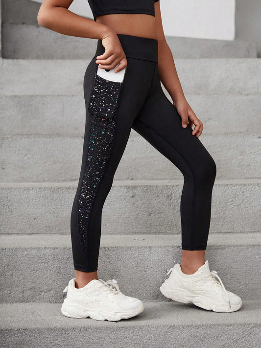 Young Girls' Sports And Outdoor Starry Sky Spraying Point Yoga Leggings With Pocket, High Elasticity, Freedomof Stretching, Fashionable And Versatile, Classic For Running, Cycling, Hiking, Indoor Sports And Comprehensive Training