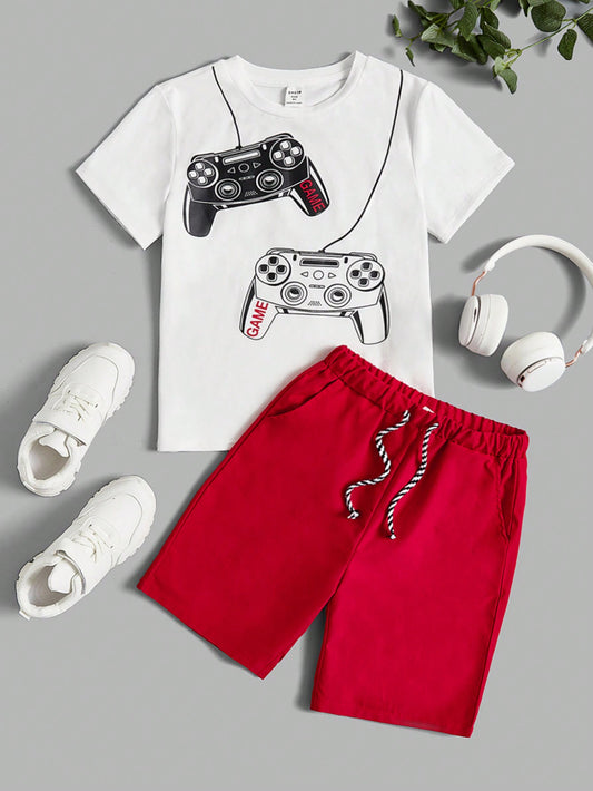 Tween Boys' Casual Comfortable Video Game Controller Pattern T-Shirt And Shorts Set