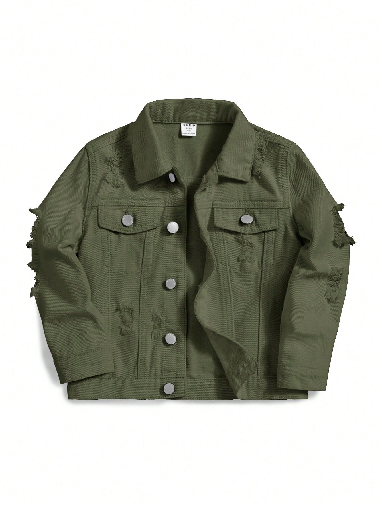 Young Boy Solid Color Ripped Denim Jacket