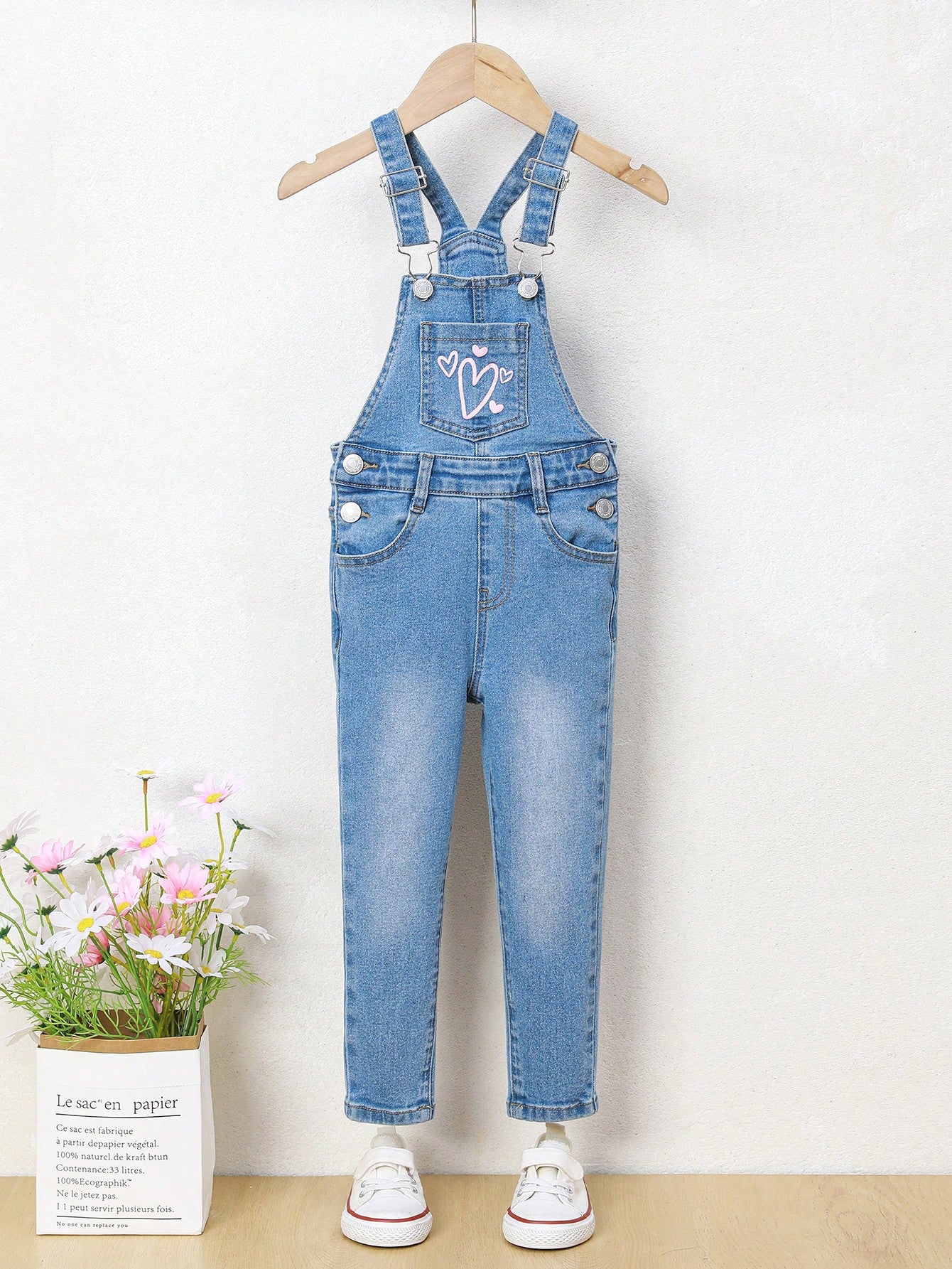 Young Girls' Fitted Denim Overalls With Heart Prints And Stretchy Fabric