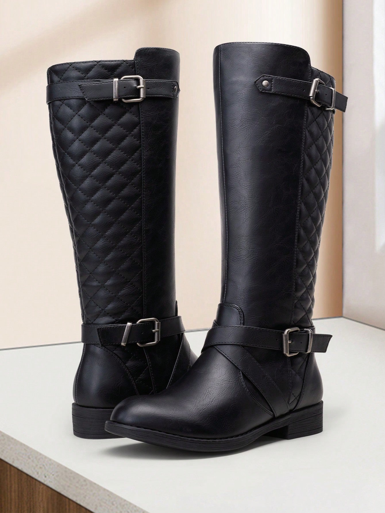 Comfyshoes Women's Fashion Knee High Riding Boots, Mid Calf Boots With Metal Buckle