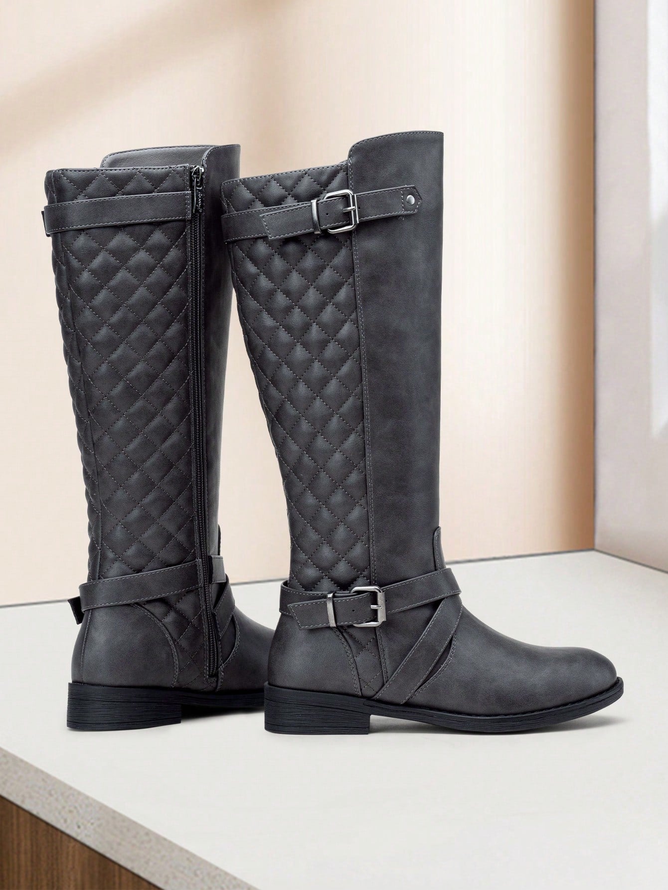 Comfyshoes Women's Fashion Knee High Riding Boots, Mid Calf Boots With Metal Buckle