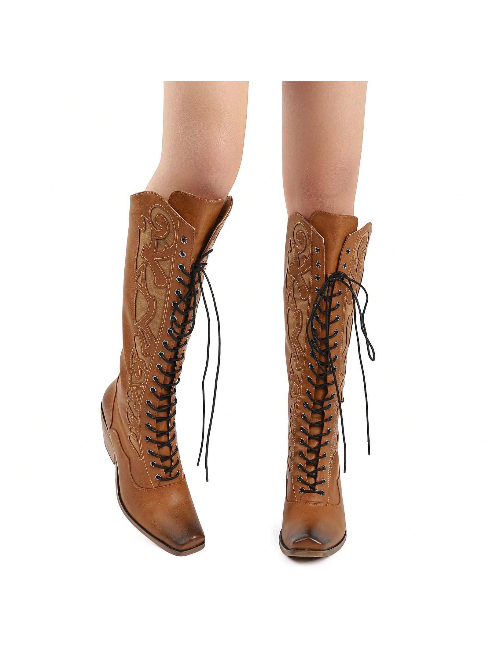 A Pair Womens Retro Cowboy Boots Lace Up Mid Calf Boots Chunky Heel Snip Toe Riding Cowgirl Western Boots