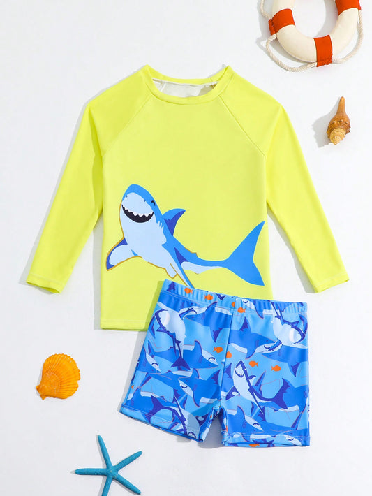 Young Boy Shark Print Long Sleeve Separate Swimwear