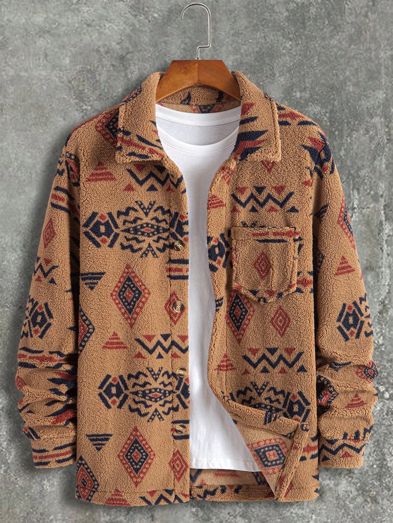 Men's Teddy Jacket With Geometric Print, Front Pocket And Long Sleeves