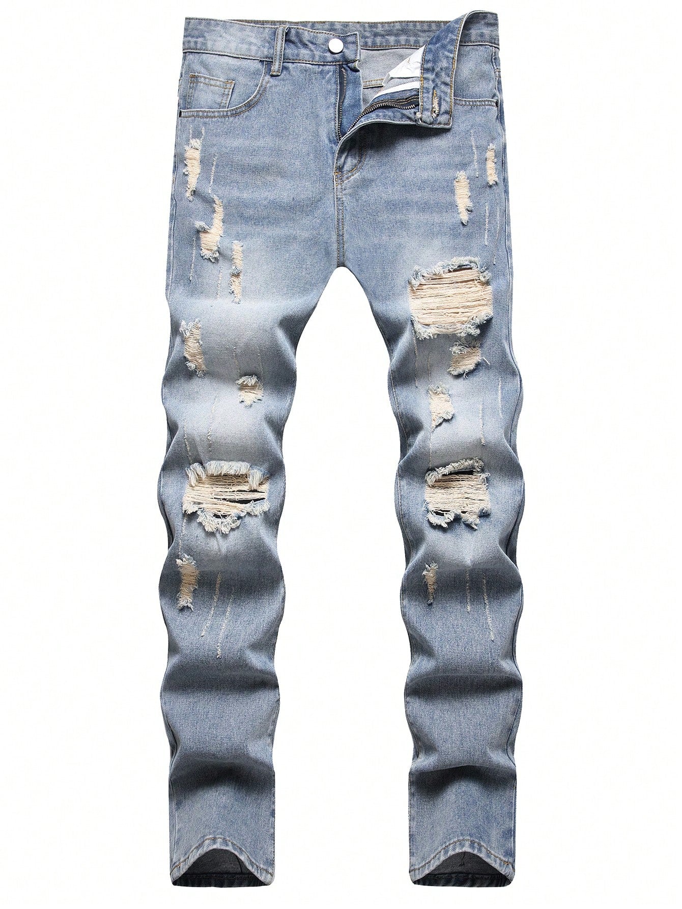 Men's Casual Slim Fit Distressed Jeans, Washed Denim