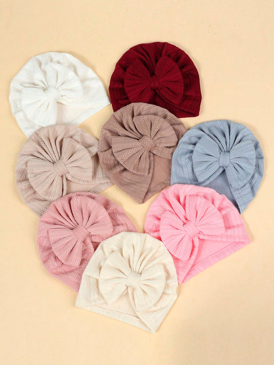 (8pcs/Pack) Infant Newborn Baby Beanies With Bow Knot, Wheat Pattern