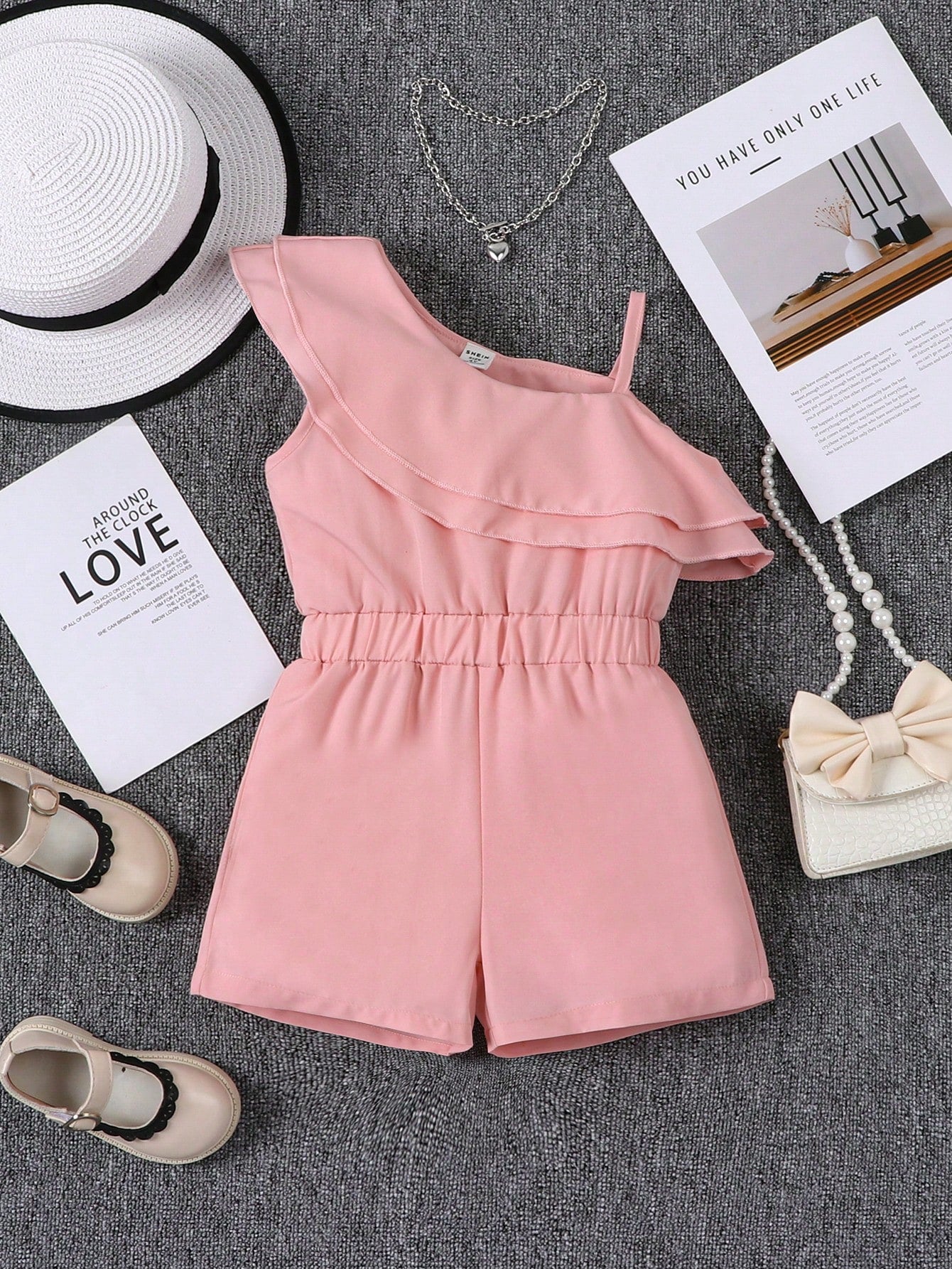 Young Girl Ruffle Trim Asymmetrical Neck Romper