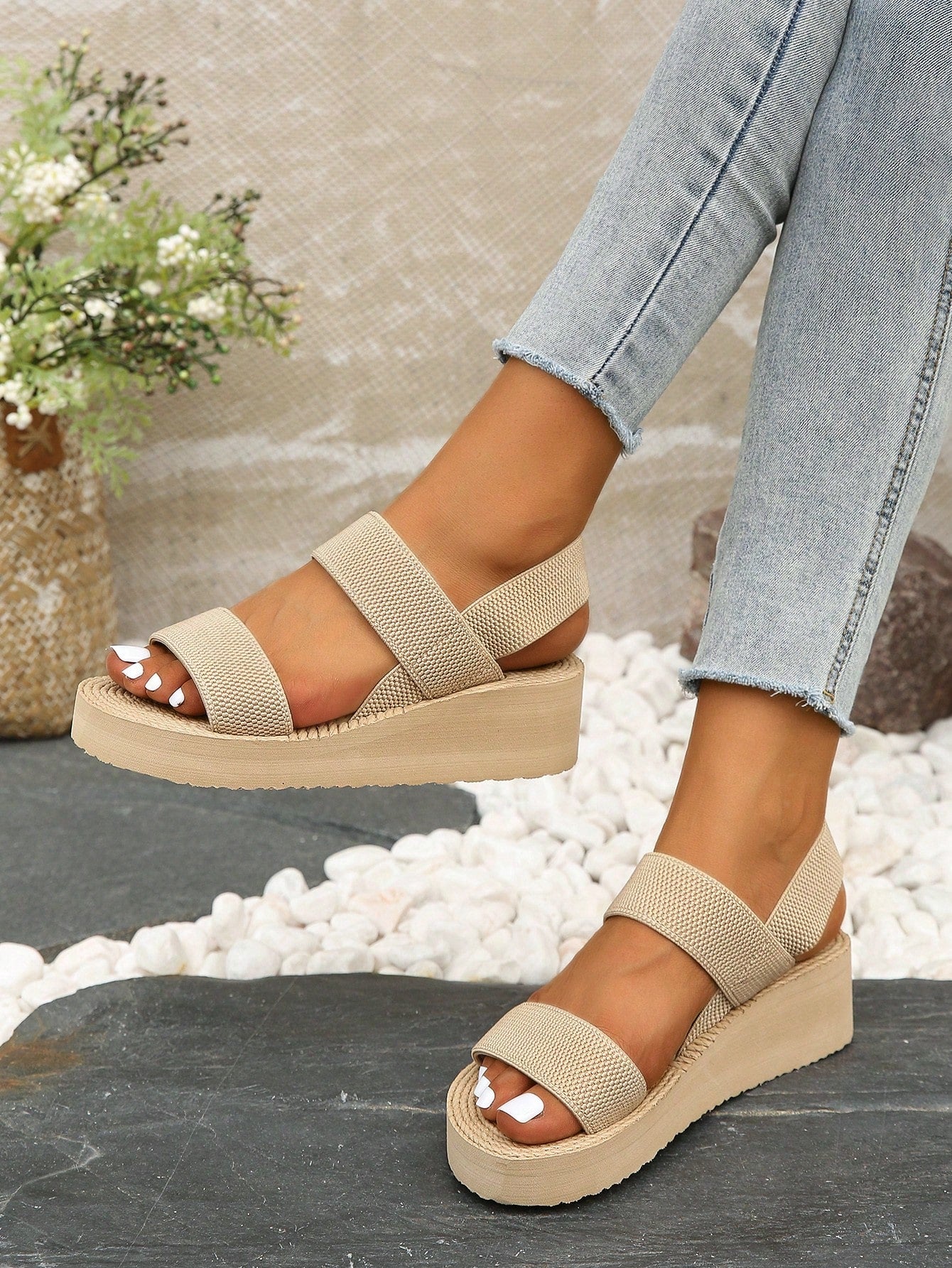 Women's Vacation-Style, Light, High-Heeled, Fashionable, Elastic Band, Simple, Round-Toed, Summer, Casual Shoes, Suitable For Students And Office Workers Of All Ages