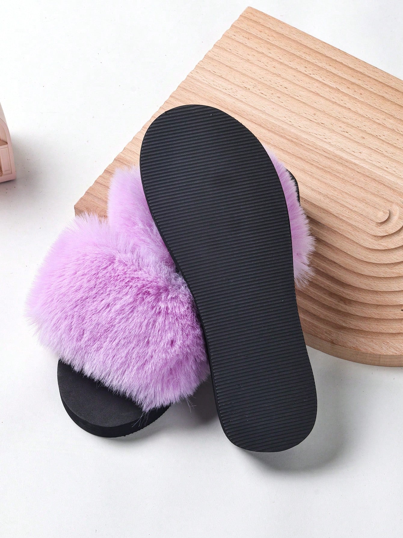 1pair Girls' Plush Solid Color Decorative Slippers, Casual Style Seasons Eva Bottom Flat Slides