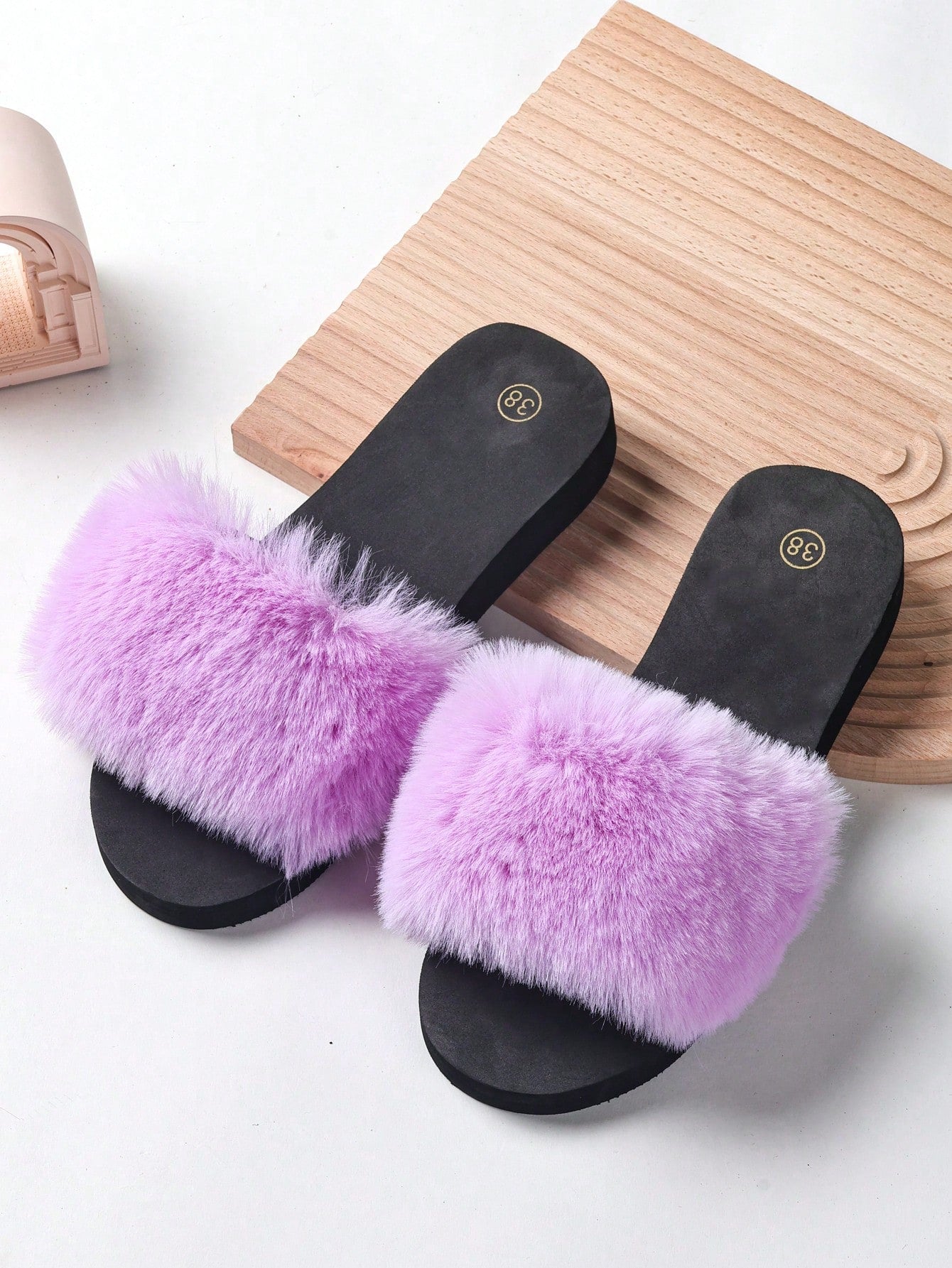 1pair Girls' Plush Solid Color Decorative Slippers, Casual Style Seasons Eva Bottom Flat Slides