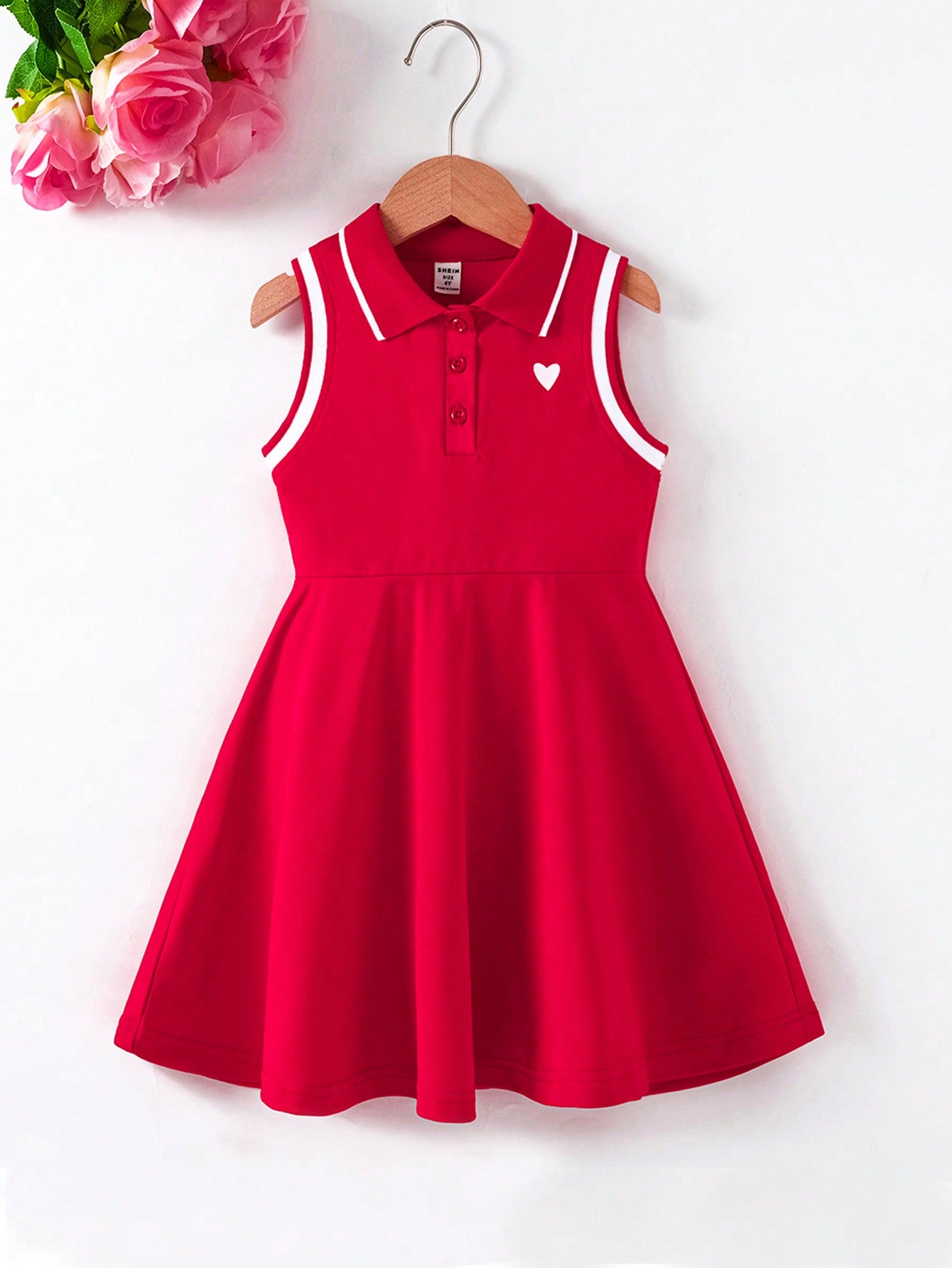 Young Girl Preppy Style Heart-Shaped Print Striped Trim Ribbed Collar Sleeveless Dress For Summer