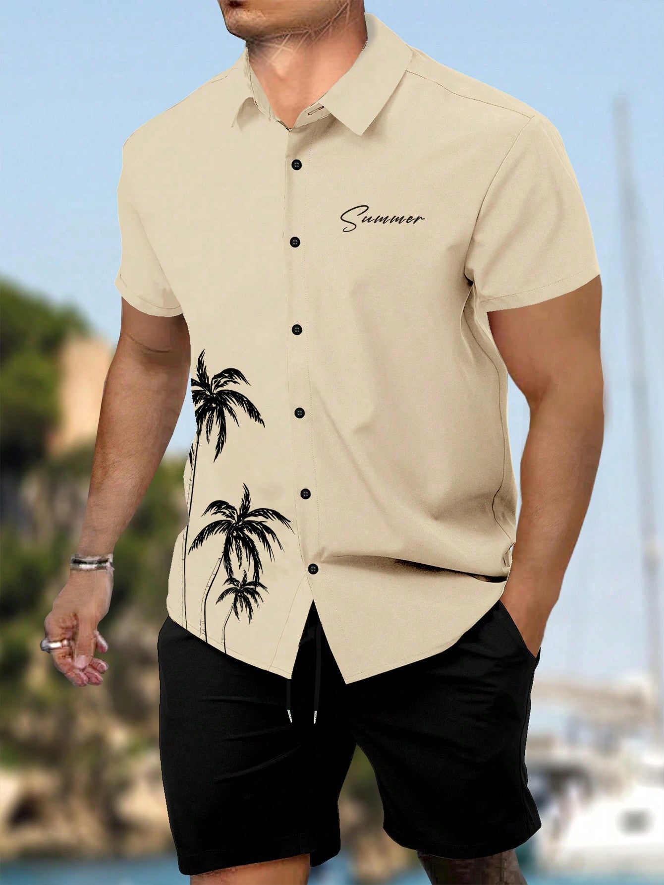 Men's Tropical Letter Print Shirt & Shorts Set