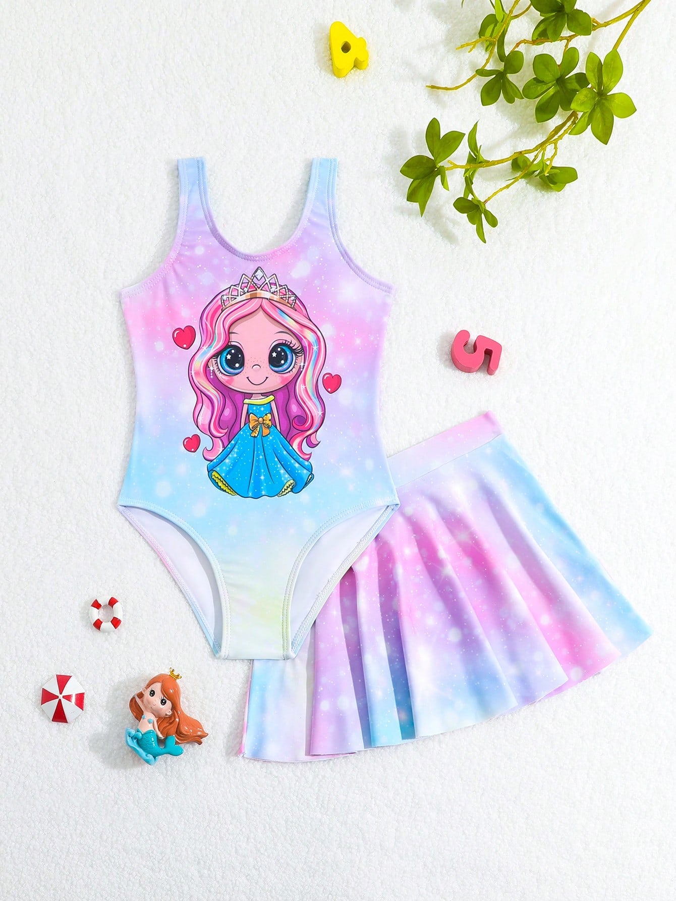 Young Girls' Cartoon Mermaid Pattern Sleeveless One-Piece Swimsuit With Cover-Up Skirt